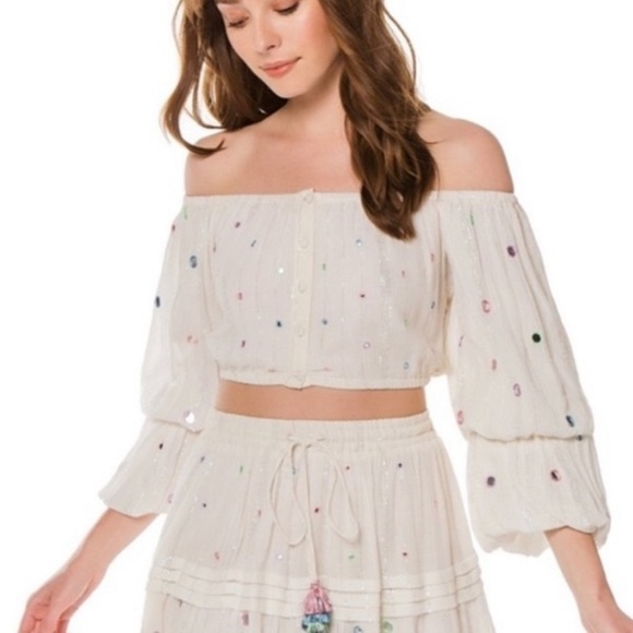 Rococo Sand Embellished Plissé Cropped Top Off White Size XS - Picture 1 of 13